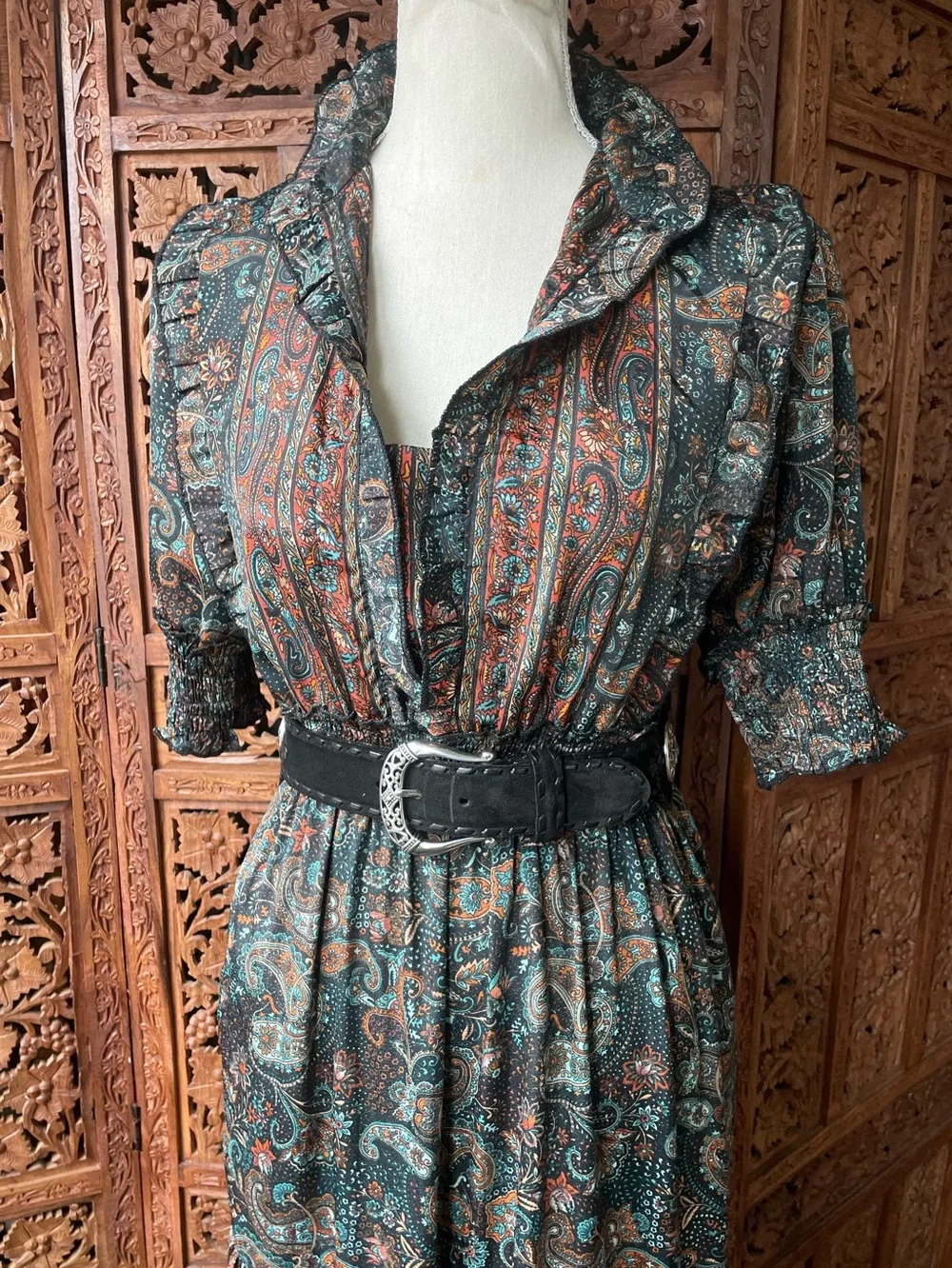 Vintage Boho Festival Western Paisley Tiered Ruffle Maxi Dress - Picture 4 of 16